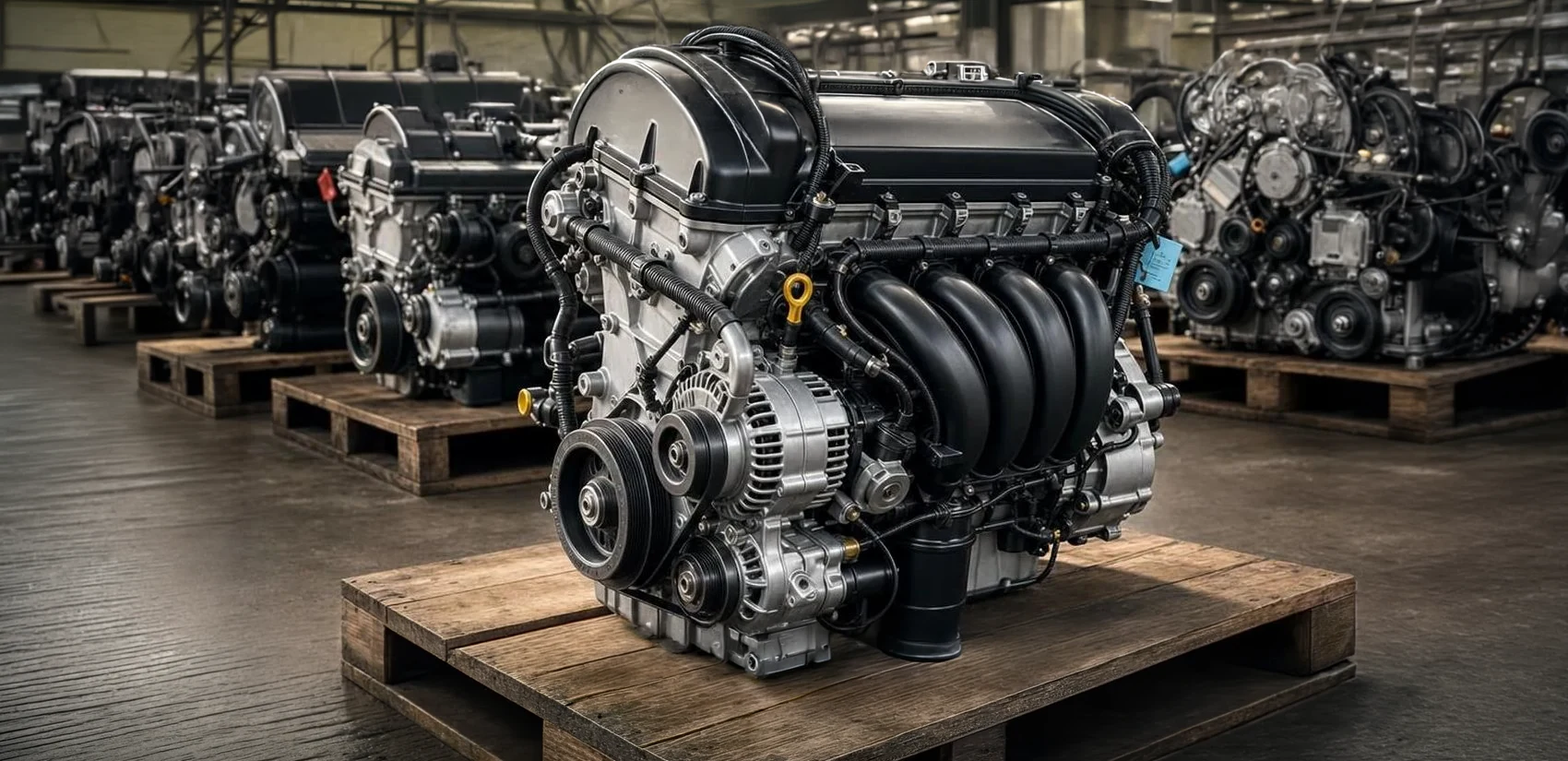 Used Toyota 1NZ and 2NZ engines graded and staged in the Guangzhou warehouse