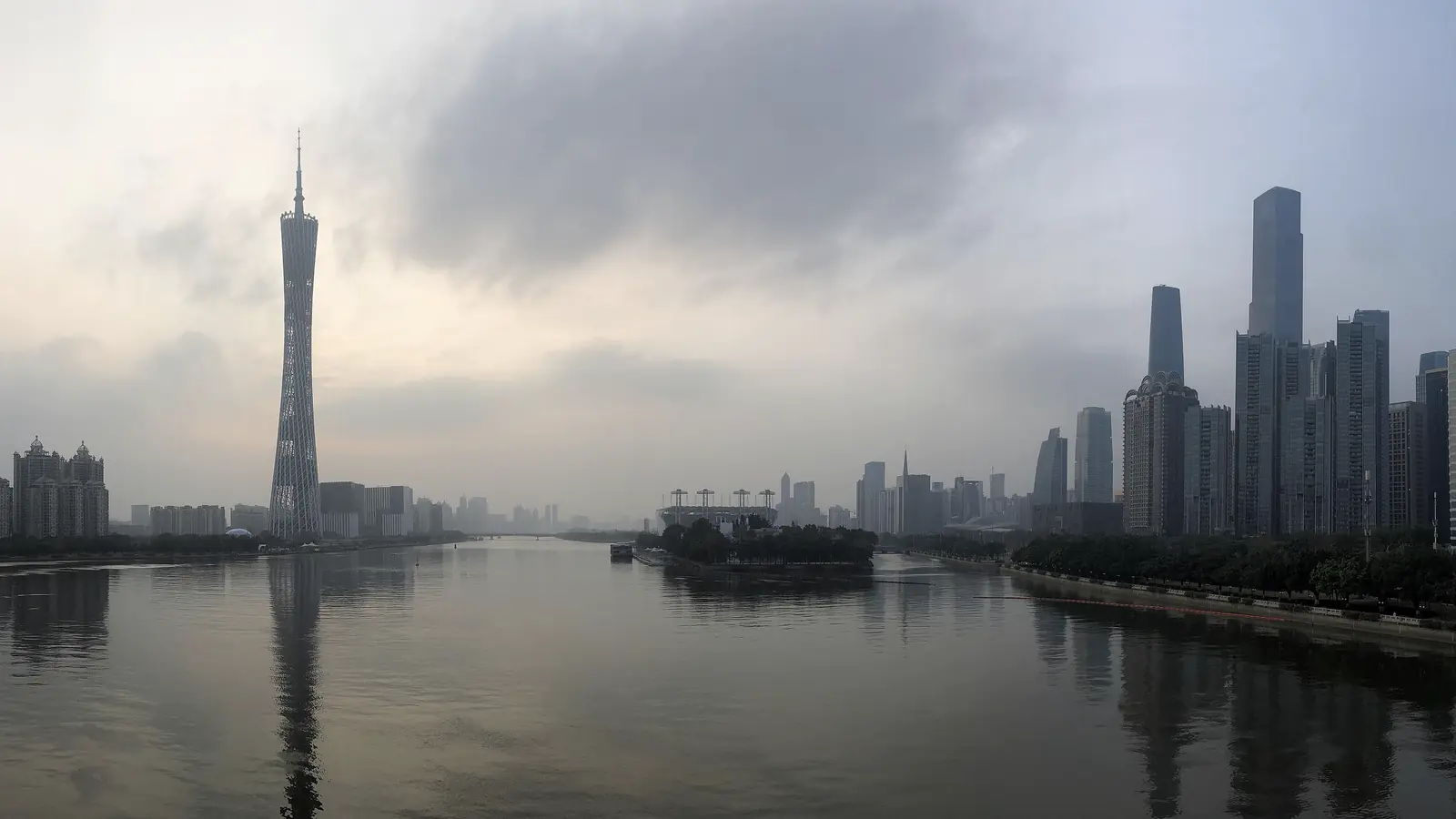 Guangzhou skyline with the Canton Tower beside the Pearl River (city view, not the ENGICOR warehouse)